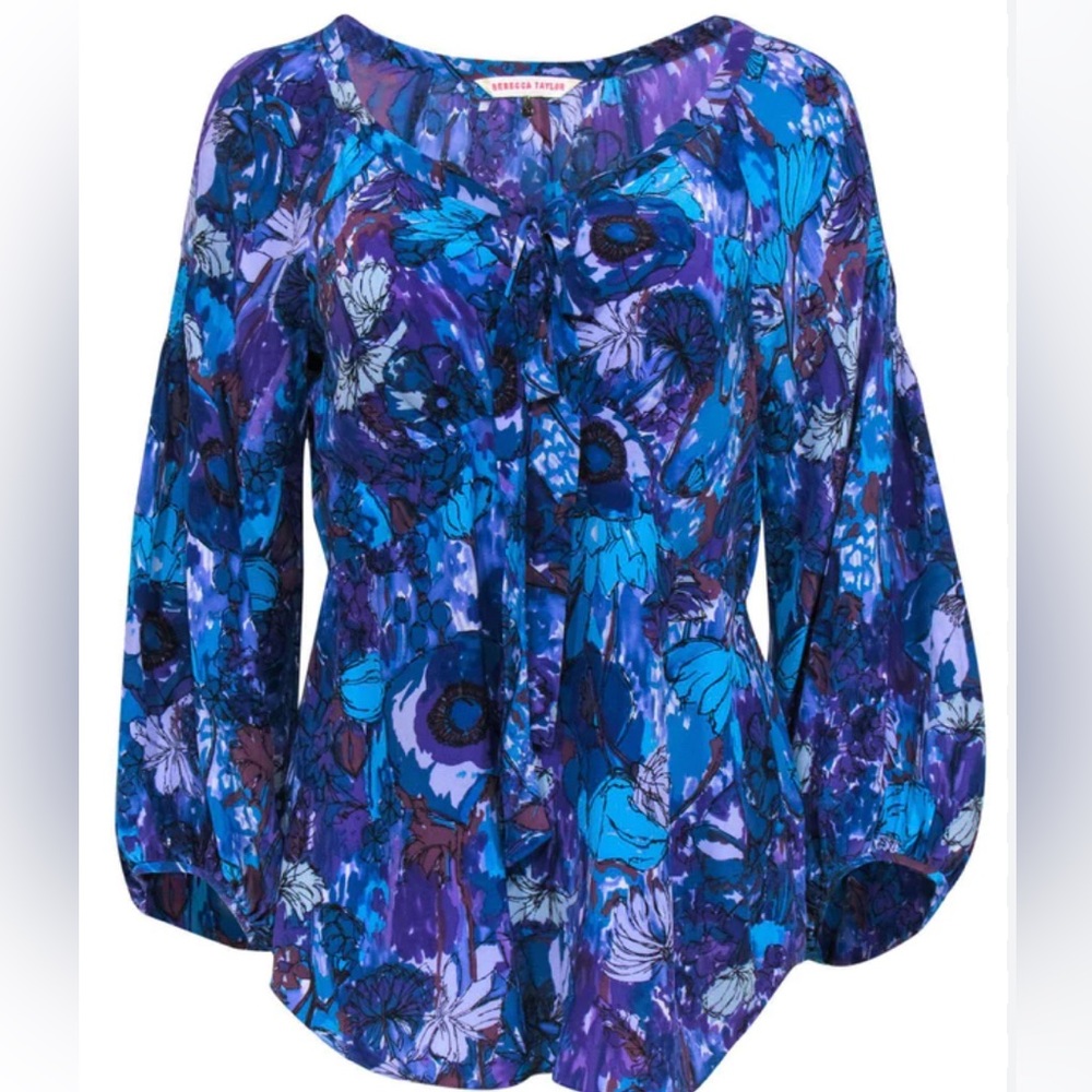 Rebecca Taylor Abstract Floral Print Silk Blue Purple Tie Blouse - Size 8 💙💜